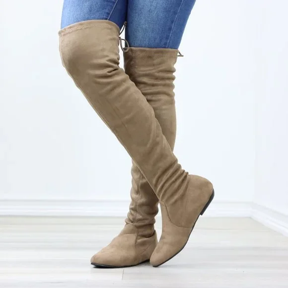 Taupe Thigh High Over The Knee Flat Boots Faux Suede - Picture 10 of 15